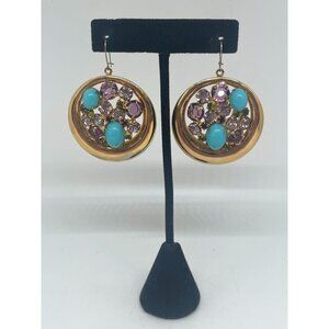 Vintage Unsigned Round Gold Tone Multicolor Rhinestone Dangle Earrings